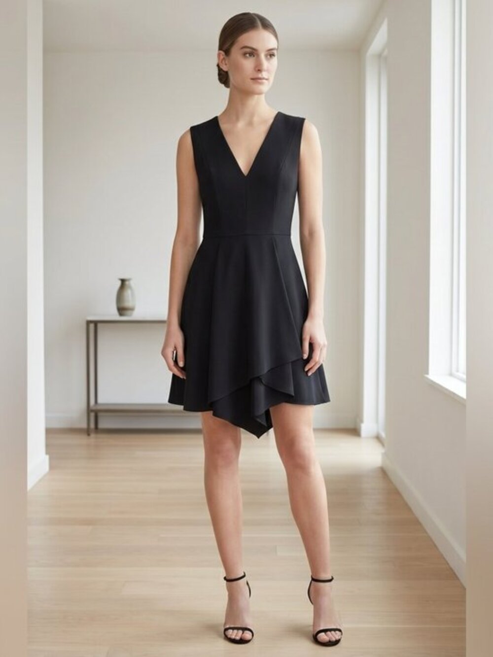 NWT J.Mendel Paris black V neck techno jersey asymmetrical mini dress Msrp $1790